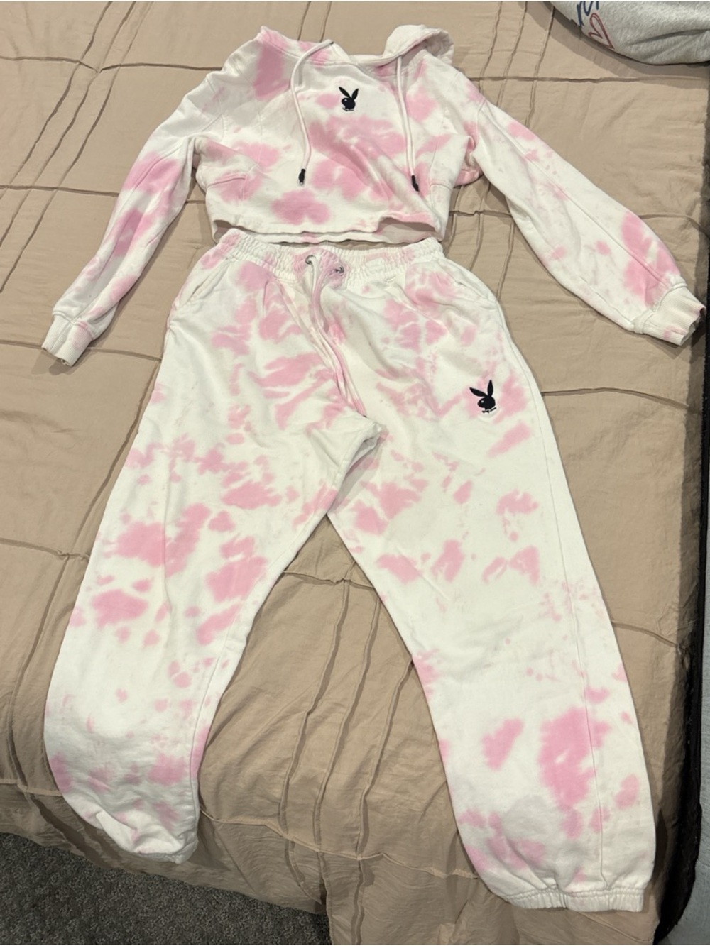 PLAYBOY Pink & White Tie-Dye Cropped Hoodie and Joggers Set